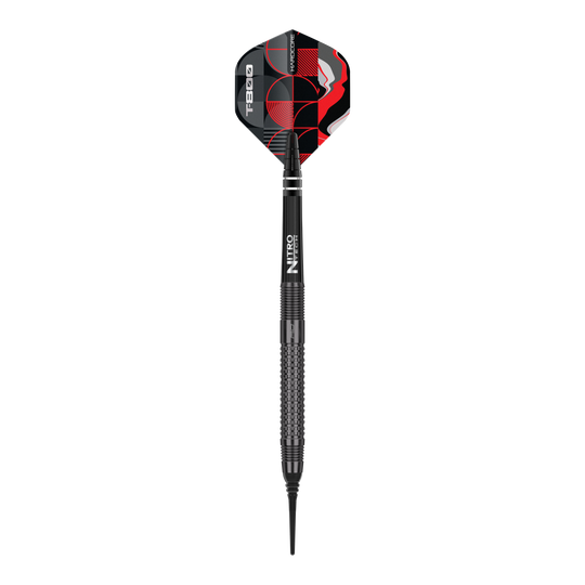 Freccette morbide Red Dragon T-800 - 20 g Das Bild zeigt einen Red Dragon T-800 Softdart mit einem Gewicht von 20g. Der Dart ist schwarz mit roten und weißen Designelementen auf dem Flight.