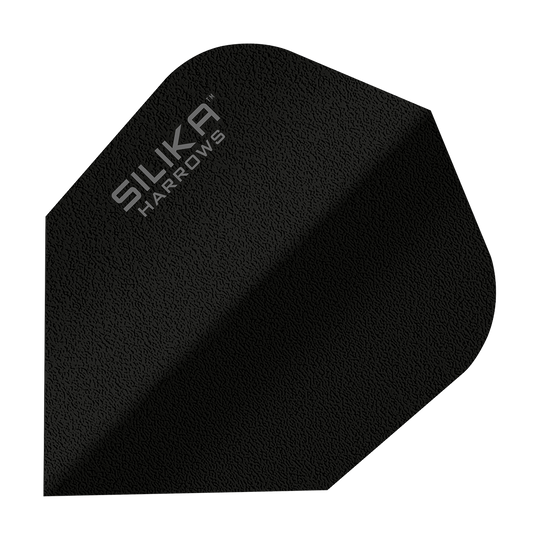 Harrows Silice Solido Rivestimento cristallino resistente Volo nero No6 Das Bild zeigt einen schwarzen Dartflight mit der Aufschrift "SILIKA HARROWS". Es handelt sich um das Modell "Silika Solid Tough Crystalline Coating Black No6".