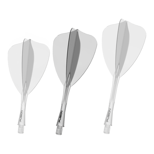 Winmau Fusion Flight Shaft System Freccia Trasparente Abgebildet ist ein weiteres Dartzubehör, wie ein Shaft oder Flight. Der Dateiname beschreibt das Produkt als 'Winmau Fusion Flight Shaft System Arrow Clear 28mm 2'.