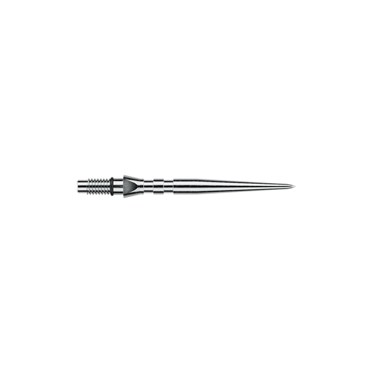Punte per freccette in acciaio Winmau Switch Point Groove - Effetto argento Das Bild zeigt silberfarbene Steeldartspitzen mit Rillen, vermutlich 'Switch Point Groove Silver Effect' und 26mm lang. Die Spitzen sind für Steeldarts vorgesehen.