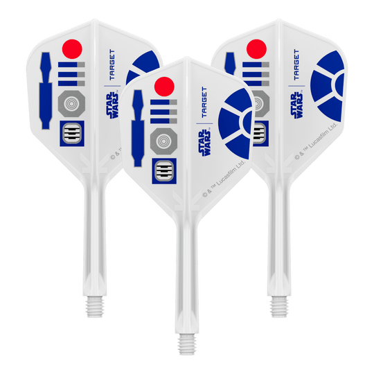 Voli Target Star Wars K-Flex R2D2 No6 Abgebildet ist ein Produkt mit dem Dateinamen 410511_Target_StarWars_KFlex_R2D2_No6_Flights_Intermediate_26mm_1Set. Es könnte sich um ein Set von Dart-Flights mit Star Wars Motiv handeln.