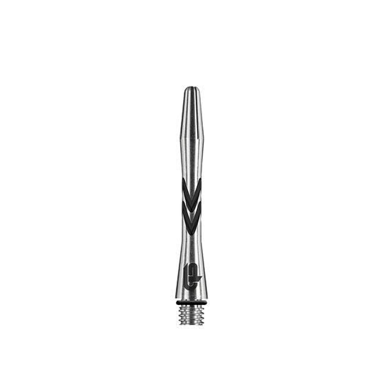 C648_Red_Dragon_Gerwyn_Price_V-Groove_Aluminium_Shafts_Black_36mm_1tqhsCSeZLo6e4 Das Bild zeigt einen Red Dragon Gerwyn Price V-Groove Black Aluminium Shaft mit einer Länge von 36 mm. Der Schaft ist silberfarben mit schwarzen V-förmigen Rillen.