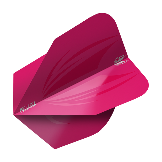 TG419_Target_ProUltra_ID_Pink_No6_Flights_2 Das Bild zeigt ein Dart-Flight in leuchtendem Pink mit dem Namen "Target ProUltra ID Pink No6 Flights". Das Flight hat ein modernes Design mit glänzenden Akzenten und einem kleinen Logo auf der Seite.