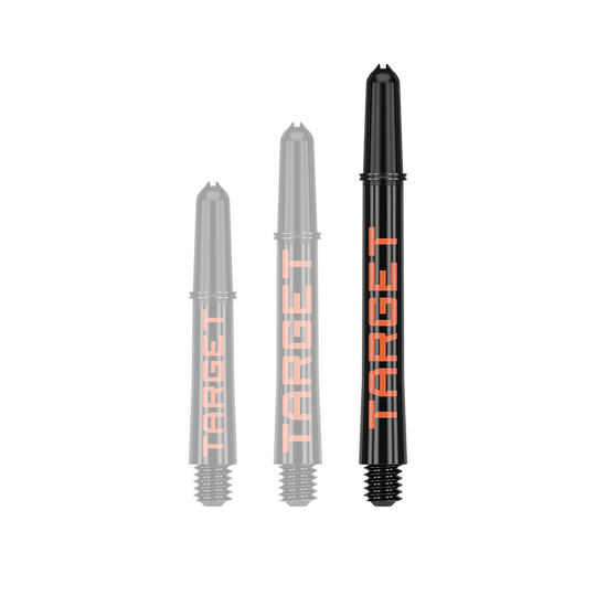 Aste Target Pro Grip TAG - 3 set - Nero Arancione Das Bild zeigt drei schwarze Dartschäfte in verschiedenen Längen mit orangefarbener Schrift. Auf jedem Schaft steht das Wort "TARGET".