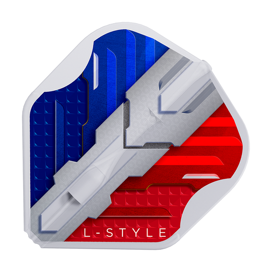 Alette L-Style V-Series V1 Tipo B Francia Bianco Trasparente L1EZ Das Bild zeigt ein Dartflight mit den Farben der französischen Flagge in Blau, Weiß und Rot. Unten steht der Schriftzug "L-STYLE".