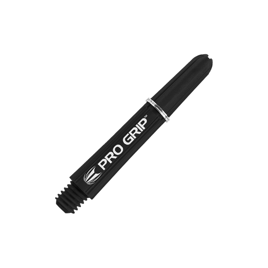Target Pro Grip Shafts - 3 set - Nero Das Bild zeigt einen schwarzen Pro Grip Schaft für Dartpfeile mit weißer Schrift. Der Schaft ist 34 mm lang und hat einen silbernen Ring.