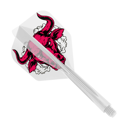 Condor Axe Aussie Bull Clear Flight System piccolo Das Bild zeigt einen klaren Dart-Flight mit einem roten Stierkopf-Design. Es handelt sich um das Produkt „Condor Axe Aussie Bull Clear Flight-System Small“.