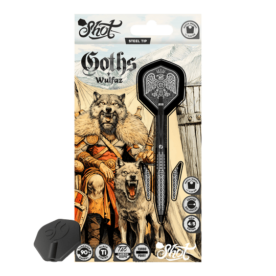Freccette in acciaio Shot Goths Wulfaz Turbo Point - 23 g Das Bild zeigt die Shot Goths Wulfaz Turbo Point Steeldarts mit 23 Gramm. Diese Pfeile sind für das Steeldartspiel konzipiert.