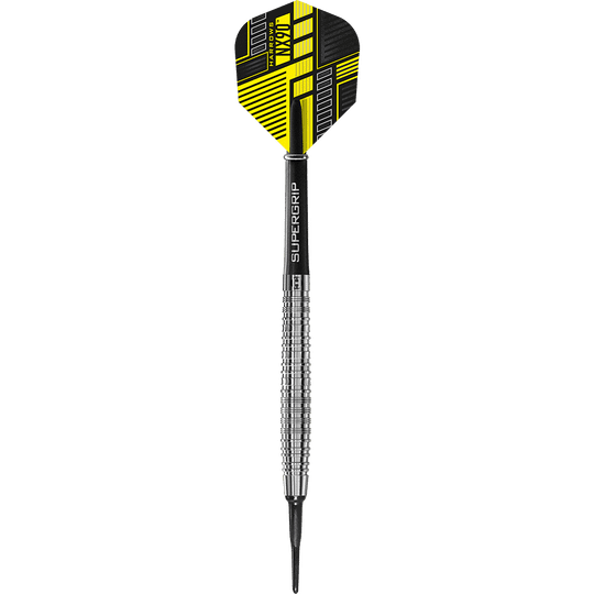 HA33768_Harrows_NX90_Softdarts_1 Das Bild zeigt einen Harrows NX90 Softdart mit einem modernen, schwarz-gelben Flight. Der Dart hat einen silbernen, geriffelten Schaft und eine schwarze Spitze.