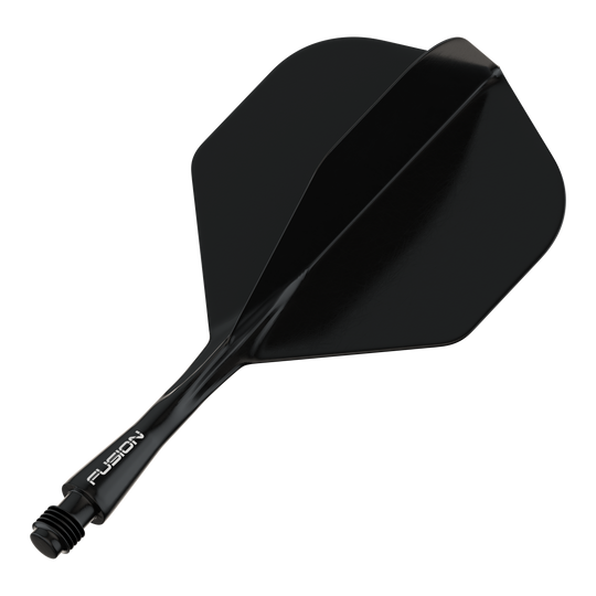 Sistema di alberi di volo Winmau Fusion standard nero Das Bild zeigt ein schwarzes Dart-Flightsystem mit einem Schaft. Auf dem Schaft steht das Wort "FUSION".