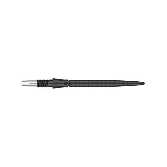 Punte per freccette Target Swiss Storm Quartz - Nere Das Bild zeigt eine schwarze Dartspitze mit feinen Rillen und einem schlanken Design. Die Spitze hat eine Länge von 30 mm und wirkt hochwertig verarbeitet.