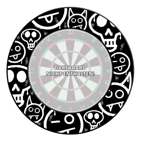 Abgebildet ist eine schwarze Dartboard-Umrandung mit Graffiti und Smilies. Sie dient als Schutz und als optisches Highlight beim Darts.