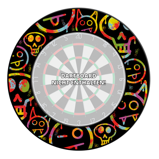McDart Graffiti Emojis Bersaglio Surround Abgebildet ist ein Dartboard Surround mit bunten Smiley-Graffiti. Diese Umrandung dient dem Schutz beim Darts-Spielen.