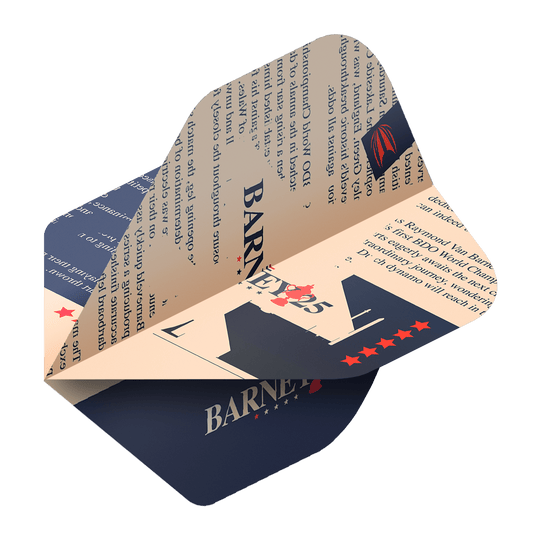 Target ProUltra Raymond Van Barneveld Barney25 voli standard Das Bild zeigt einen Target ProUltra Raymond Van Barneveld Barney25 Standard Flight für Darts. Das Design ist in Blau und Beige gehalten und enthält Sterne sowie den Schriftzug "Barney25".