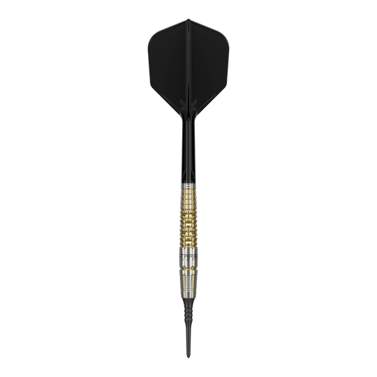 Freccette morbide Target Japan Black Marque Warrior - 18,5 g Das Bild zeigt einen Target Japan Black Marque Warrior Softdart mit einem Gewicht von 18,5g. Der Dart hat eine schwarze Spitze und Flügel sowie einen gold-silbernen Griffbereich.