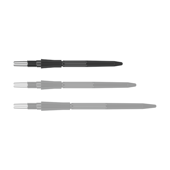 Punte per freccette Target Elysian Archetype 43 Swiss Point in acciaio - Nere Das Bild zeigt eine einzelne schwarze Dartspitze der Target Elysian Archetype 43 SwissPoint Serie in 30 mm Länge. Die Spitze liegt einzeln auf neutralem Hintergrund.