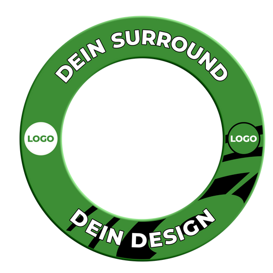 Das Bild zeigt ein grünes Dartboard-Surround mit individuellem Wunschdruck. Es ist vor einem neutralen Hintergrund platziert.