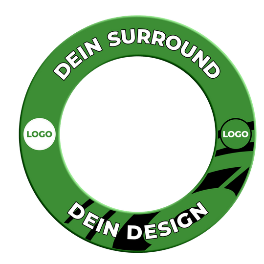 Cornice per bersaglio con il tuo design Das Bild zeigt ein grünes Dartboard-Surround mit individuellem Wunschdruck. Es ist vor einem neutralen Hintergrund platziert.