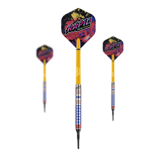 Bulls NL Ricky Evans Rapid Edition One Freccette morbide - 20 g Das Bild zeigt drei Softdarts der Marke "Bulls NL Ricky Evans Rapid Edition One" mit einem Gewicht von 20g. Die Darts sind gelb mit farbigen Flights, auf denen "Rapid Ricky Evans" steht.