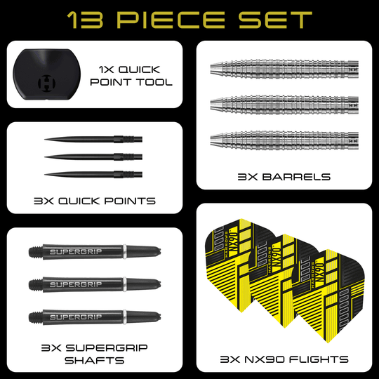 Freccette in acciaio con punta rapida conica Harrows NX90 Hier sieht man die Harrows NX90 Tapered Quick Point Steeldarts. Sie sind robust gebaut und bieten professionelle Leistung für Dartspieler.