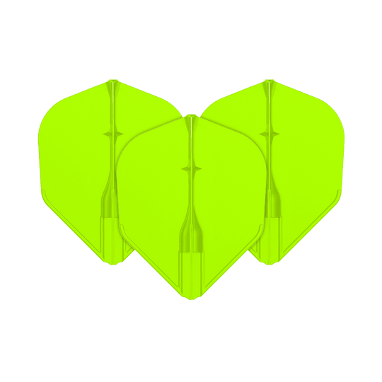 Voli L-L-Style3EZ Auf dem Bild sind drei neon-grüne Dart-Flights zu sehen. Sie sind nebeneinander angeordnet und haben eine klassische Pfeilform.