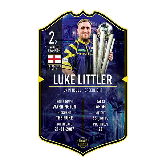 Carta freccette definitiva - Luke Littler Campione del mondo 2026 Dies ist die Ultimate Darts Card – Luke Littler World Champion 2026. Zu sehen ist die Sammelkarte von Luke Littler als Weltmeister.