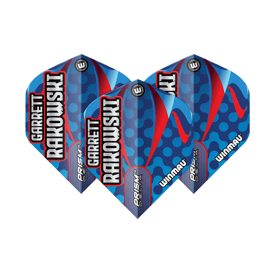 Voli standard Winmau Prism Delta Garrett Rakowski Das Bild zeigt die Winmau Prism Delta Garrett Rakowski Standard Flights. Die Flights sind blau mit roten und hellblauen Akzenten sowie dem Namen "Garrett Rakowski" darauf.
