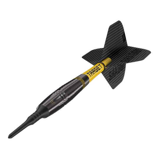 Freccette Target Scott Williams Shaggy Black Soft - 20 g Das Bild zeigt einen schwarzen Softdart mit gelbem Schriftzug „TARGET“ und der Aufschrift „SHAGGY“ auf der Flight. Es handelt sich um das Produkt „Target Scott Williams Shaggy Black Softdarts – 20g“.
