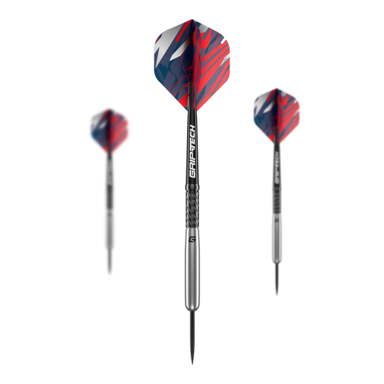 Freccette in acciaio al tungsteno per baseball GOAT Homerun Das Bild zeigt drei GOAT Homerun Baseball Tungsten Steeldarts mit silbernem Schaft und bunten, rot-blauen Flights. Die Darts sind modern gestaltet und heben sich durch das auffällige Design ab.