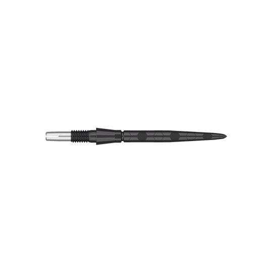 Punte per freccette Target Swiss Storm Onyx Point - Nere Das Bild zeigt eine schwarze Dartspitze mit einem modernen, strukturierten Design. Sie ist schmal und hat feine Rillen sowie ein sechseckiges Muster auf dem Schaft.