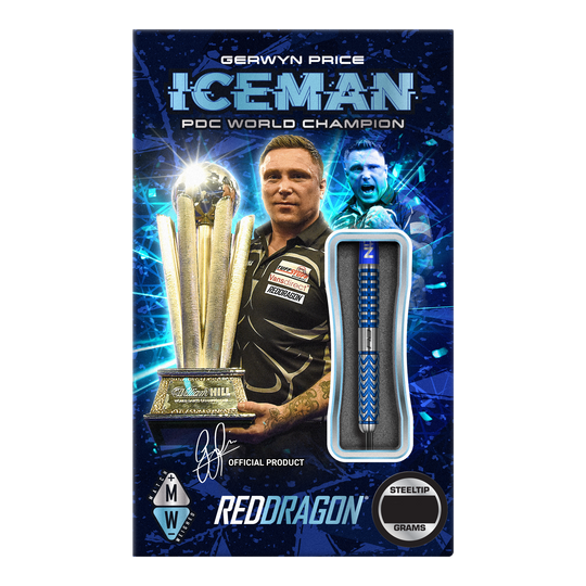 Freccette in acciaio Red Dragon Gerwyn Price Glacier Das Bild zeigt die Verpackung der "Red Dragon Gerwyn Price Glacier Steeldarts". Auf der Verpackung sind Gerwyn Price, ein großer Pokal und ein Steeldart abgebildet.