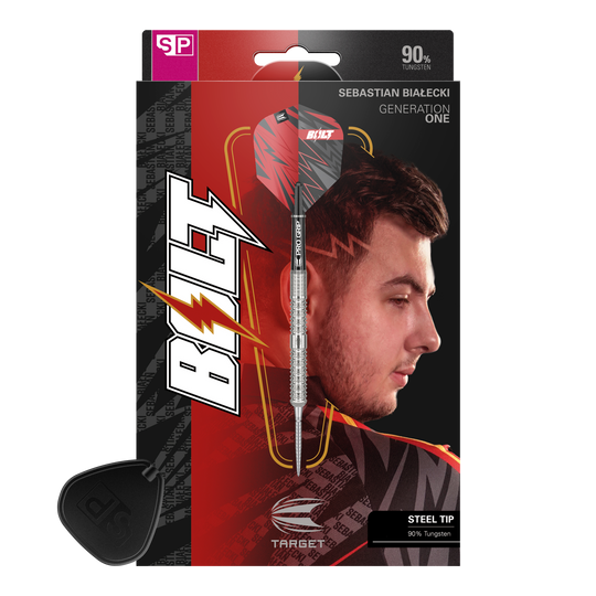 Das Bild zeigt die Verpackung der "Target Sebastian Bialecki GEN1 Swiss Point Steeldarts - 22g". Auf der Verpackung ist ein Dartpfeil sowie das Porträt eines Mannes zu sehen.