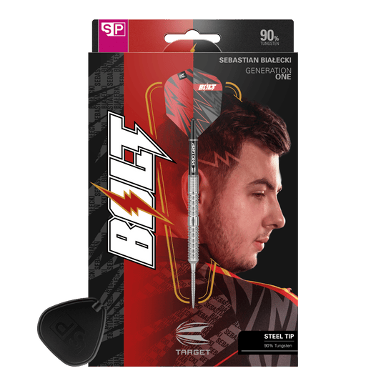 Freccette in acciaio Target Sebastian Bialecki GEN1 Swiss Point - 22 g Das Bild zeigt die Verpackung der "Target Sebastian Bialecki GEN1 Swiss Point Steeldarts - 22g". Auf der Verpackung ist ein Dartpfeil sowie das Porträt eines Mannes zu sehen.