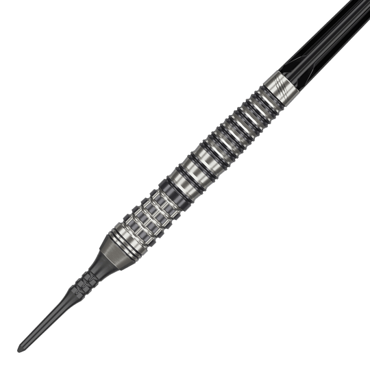 Target Japan Black Marque Renegade 4 Softdarts - 19 g Das Bild zeigt einen Target Japan Black Marque Renegade 4 Softdart mit 19g Gewicht. Der Dart hat ein silber-schwarzes, gerilltes Design und eine schwarze Softspitze.