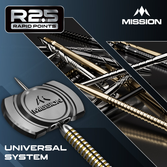 Punte per freccette Mission R2.5 Rapid Point GV1 - Nere Die Abbildung zeigt die Mission R2.5 Rapid Point GV1 Dartspitzen in Silber. Es sind speziell designte Dartspitzen für Präzision und Haltbarkeit.