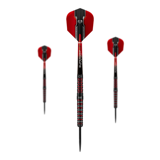 Freccette Harrows Tungsten Infinity 97% in acciaio al tungsteno Das Bild zeigt drei Harrows Wolfram Infinity 97% Tungsten Steeldarts mit roten und schwarzen Details. Die Darts haben einen metallisch gestreiften Griff und rote Flights.
