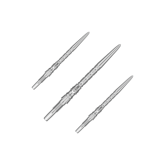 Punte per freccette Target Signature Swiss Point TRB in acciaio - argento Mehrere silberne Dartspitzen sind nebeneinander zu sehen. Es handelt sich um ein Set der 'Target SwissPoint Signature TRB' Dartspitzen mit 30 mm Länge.