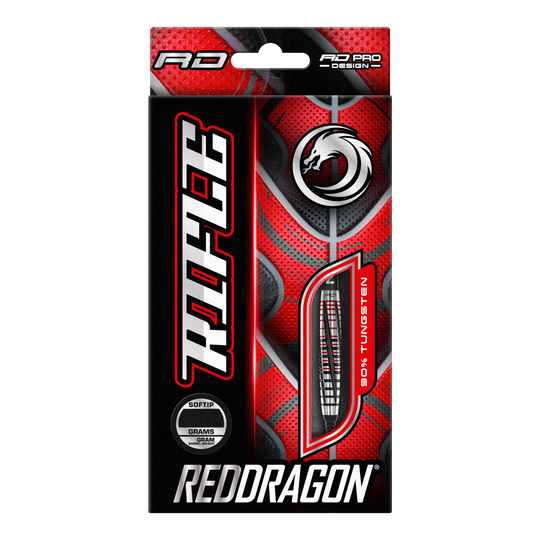 Freccette morbide Red Dragon Rifle - 20 g Die Abbildung zeigt die Verpackung der "Red Dragon Rifle Softdarts - 20g". Das Design ist auffällig in Rot und Schwarz gehalten und zeigt eine Abbildung eines Dartpfeils.
