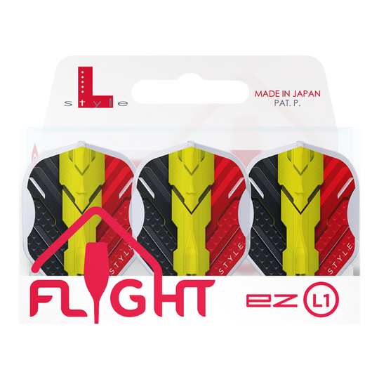 Alette L-Style V-Series V1 Tipo C Belgio Bianco Trasparente L1EZ Das Bild zeigt eine Packung mit drei L-Style V-Series V1 Type C Belgium Clear White L1EZ Flights. Die Flights sind in den Farben Schwarz, Gelb und Rot gestaltet und werden in einer Verpackung mit der Aufschrift "Made in Japan" präsentiert.