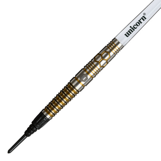 Freccette morbide Unicorn Hexium Style 03 Oro e Nero - 23 g Das Foto zeigt Unicorn Hexium Style 03 Gold & Black Softdarts, 23g. Die Darts haben ein modernes Muster in Gold und Schwarz.