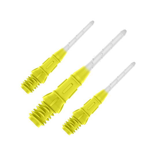 L-Style Premium Two Tone Lippoints (confezione da 30) Auf dem Bild sind drei gelb-weiße Dartspitzen zu sehen. Sie sind nebeneinander angeordnet und wirken modern sowie hochwertig verarbeitet.