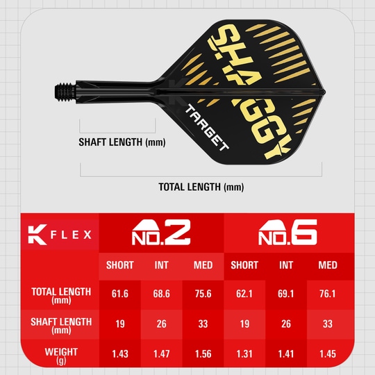 Sistema di alberi di volo standard Target K-Flex Scott Williams No2 Das Bild zeigt das Produkt "Target K-Flex Scott Williams No2 Standard Flights" mit einem schwarzen und goldenen Design. Unten sind die Maße für verschiedene Längen und Gewichte der Flights in einer Tabelle dargestellt.