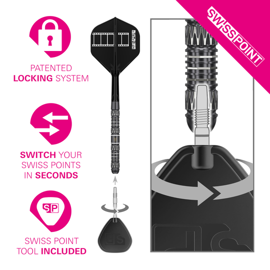 Freccette in acciaio Target Chris Dobey 95K Swiss Point Abgebildet ist das Produkt Target Chris Dobey 95K Swiss Point Steeldarts. Es handelt sich um professionelle Steeldarts mit modernem Design.