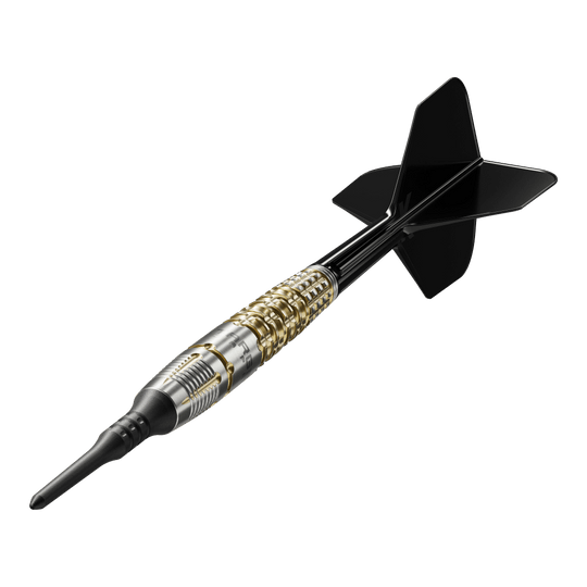 Freccette morbide Target Japan Black Marque Warrior - 18,5 g Dies ist der Target Japan Black Marque Warrior Softdart mit einem Gewicht von 18,5 Gramm. Er besitzt ein elegantes Design mit goldenen und silbernen Akzenten sowie schwarzen Flights.