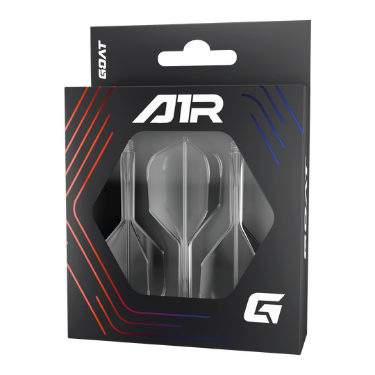Sistema di albero di volo GOAT A1R No6 - Trasparente Die Abbildung zeigt das Produkt "GOAT A1R No6 Flight-Shaft-System - Clear" in einer schwarzen Verpackung mit Sichtfenster. In der Packung sind drei klare Flight-Shaft-Systeme für Dartpfeile zu sehen.
