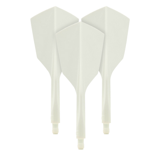 Condor Ax 120 Flight System Bianco - Stretto Auf dem Bild sind drei weiße Dartflights aus dem Set "Condor Axe 120 Flight-System White - Narrow" zu sehen. Die Flights haben eine schmale Form und sind miteinander verbunden.
