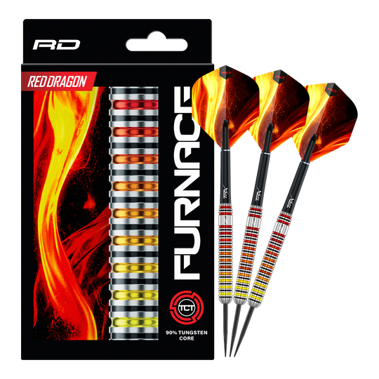 Dardi in acciaio della fornace del Red Dragon Auf dem Bild sind die Red Dragon Furnace Steeldarts vollständig abgebildet. Das Produkt wird in seiner Gesamtheit präsentiert.
