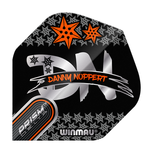 Voli standard Winmau Prism Delta Danny Noppert Black Signature No2 Das Bild zeigt ein Dart-Flight mit dem Namen "Winmau Prism Delta Danny Noppert Black Signature No2 Standard Flights". Auf dem schwarzen Flight sind silberne und orangefarbene Sterne sowie der Name von Danny Noppert in orange geschrieben.