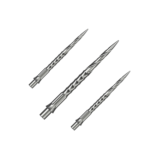 Das Bild zeigt ein Set aus silbernen Steeldartspitzen. Diese Spitzen sind 32 mm lang und haben ein Spiro NoLip Design.