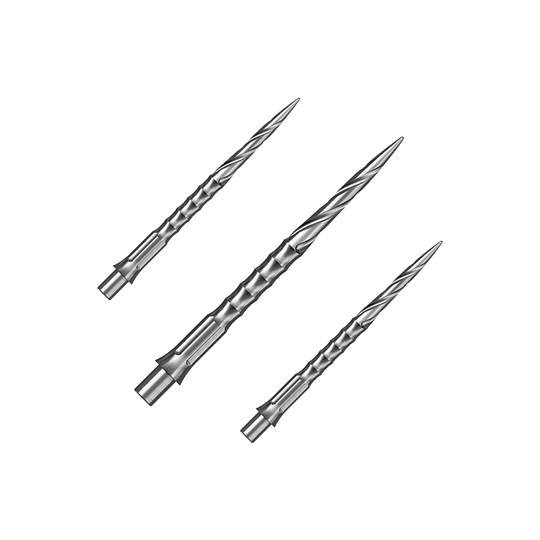 Punte per freccette in acciaio Caliburn System - Spiro - NoLip - argento Das Bild zeigt ein Set aus silbernen Steeldartspitzen. Diese Spitzen sind 32 mm lang und haben ein Spiro NoLip Design.